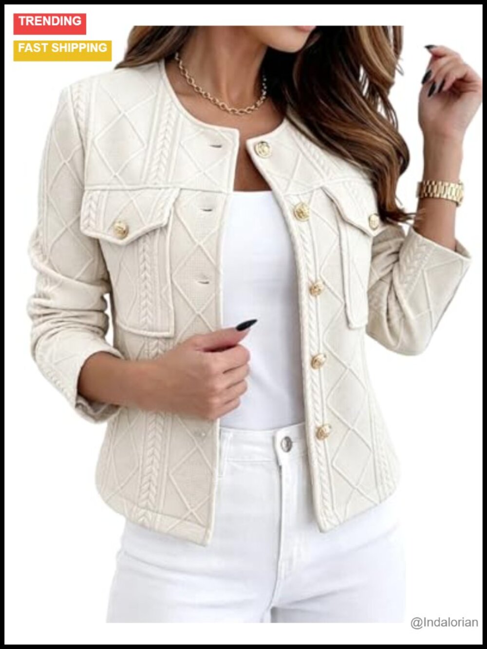 Cropped Argyle Cable Knit Jacket Gold Button Lightweight